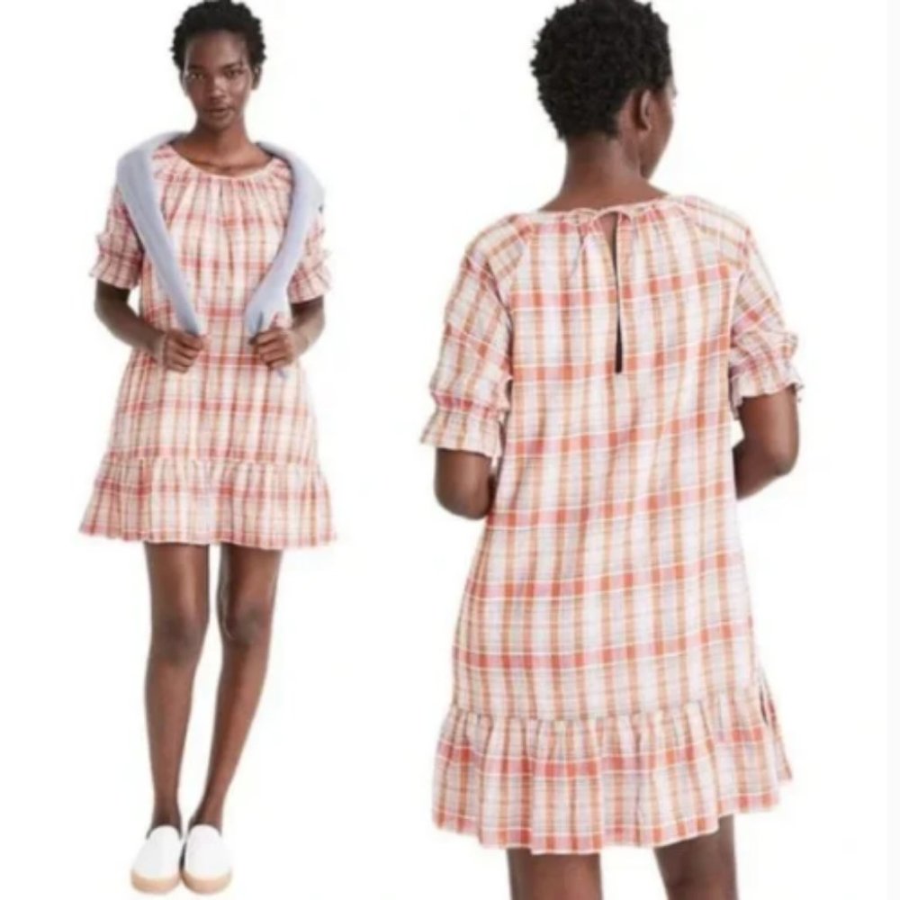 NWT Madewell Plaid Ruffle Sleeve Popover Dress